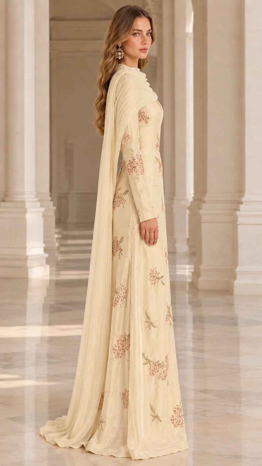 Side view of model wearing champagne embroidered floor length evening dress
