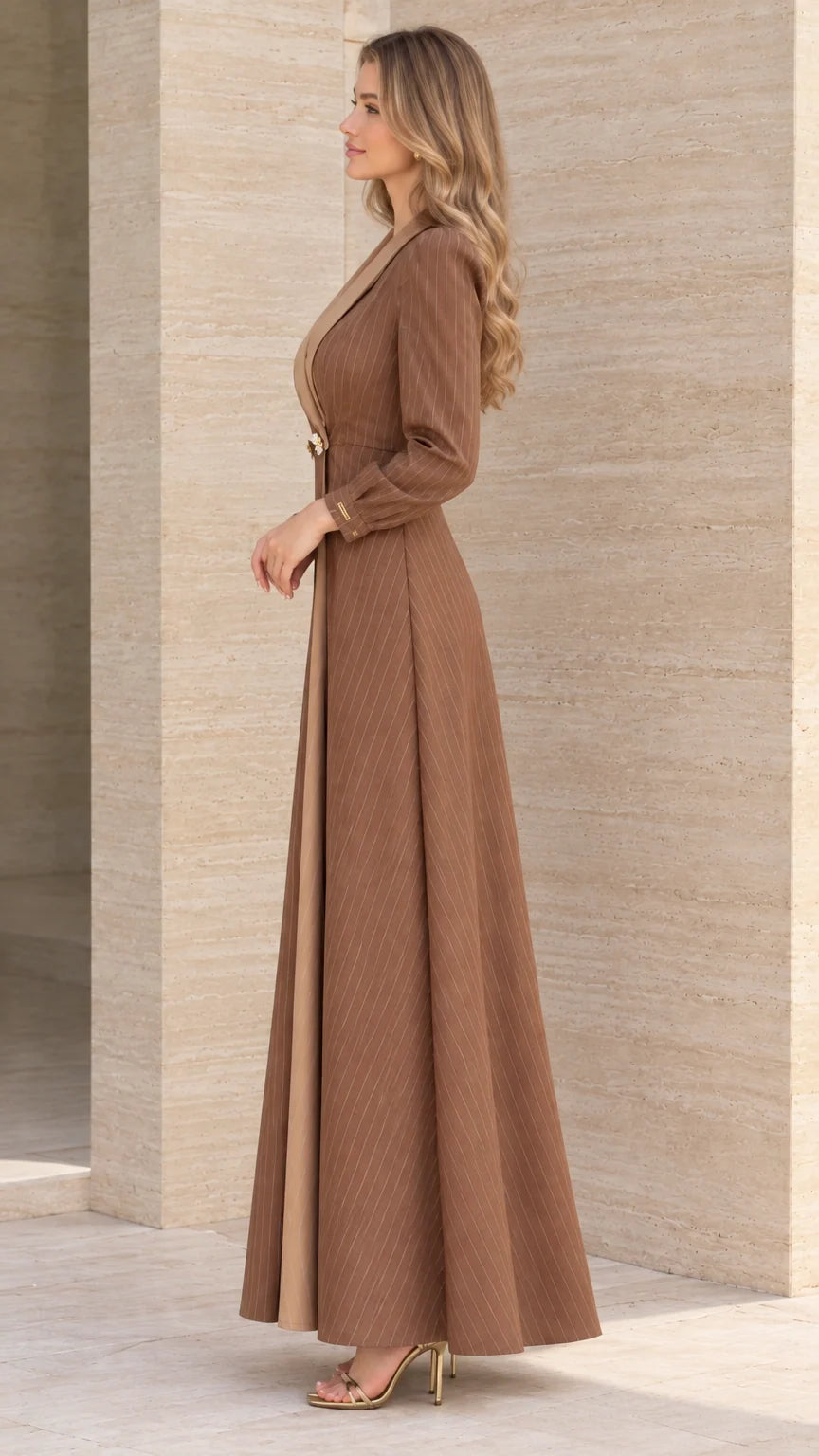 Side profile view of brown tailored pinstripe maxi dress with long sleeves