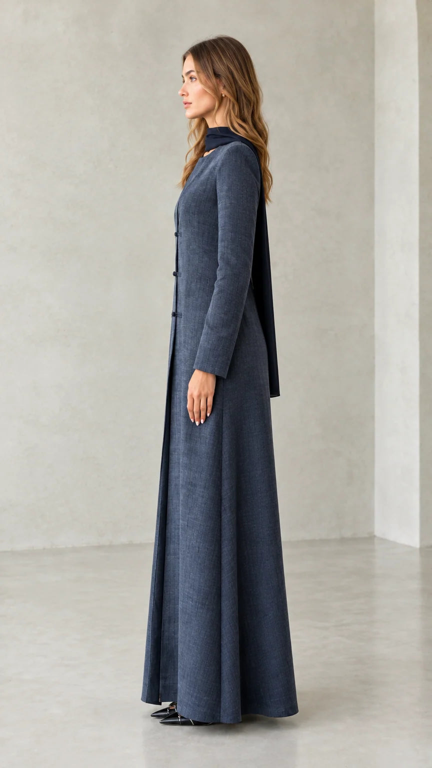 Side profile of model wearing Slate Blue long sleeve maxi dress