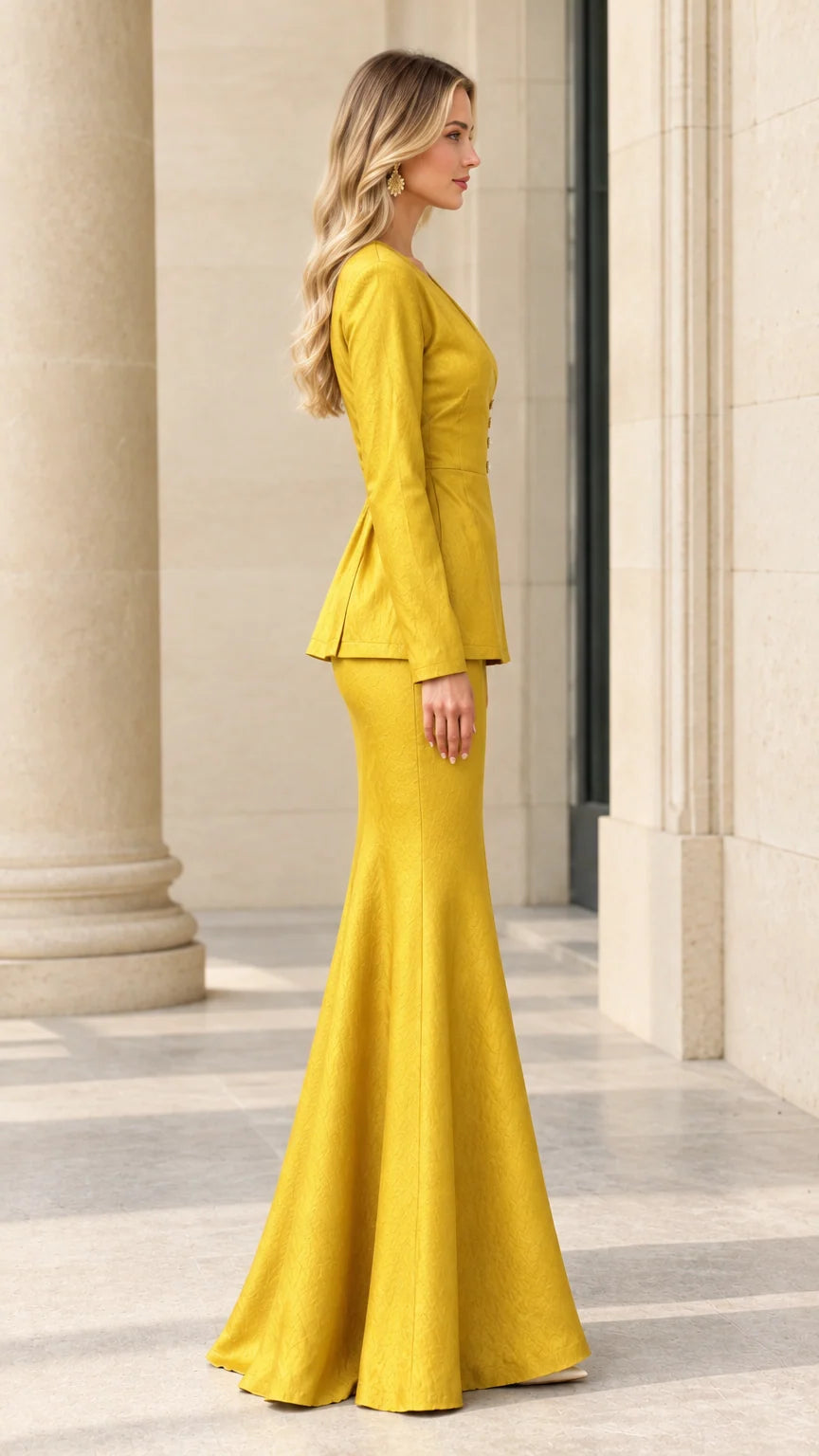 Side profile of woman in mustard yellow long sleeve wrap top and fluted maxi skirt
