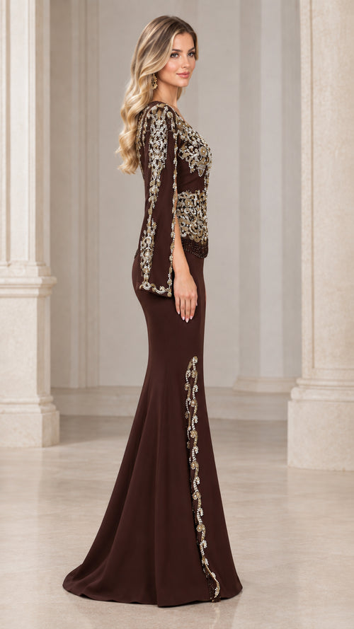 Side profile of Chocolate Brown floor-length cape sleeve formal gown with beaded slit trim
