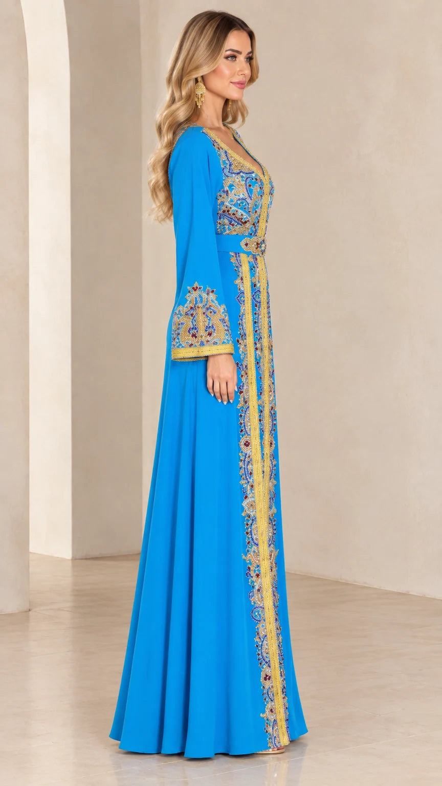 Side profile view of sky blue Moroccan kaftan dress showing elegant drape and bell sleeve detailing