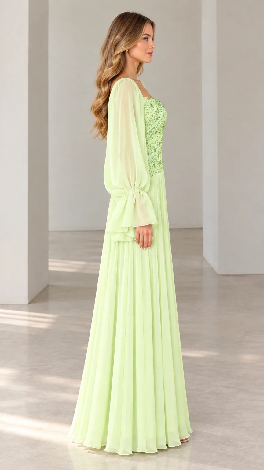 Side profile view of mint green chiffon formal maxi dress with bell cuffs