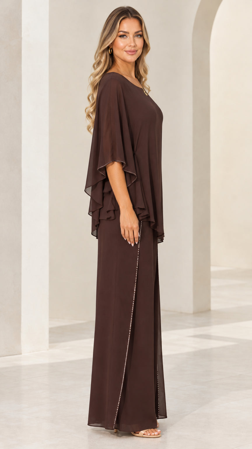 Side profile view of Chocolate Brown formal chiffon cape top and wide-leg pant set