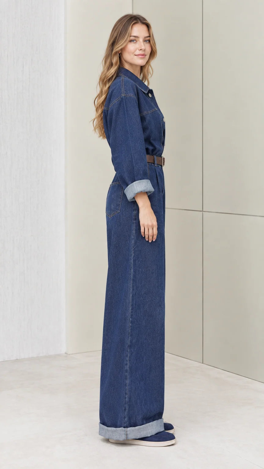Side profile view of woman wearing blue wide-leg denim jumpsuit