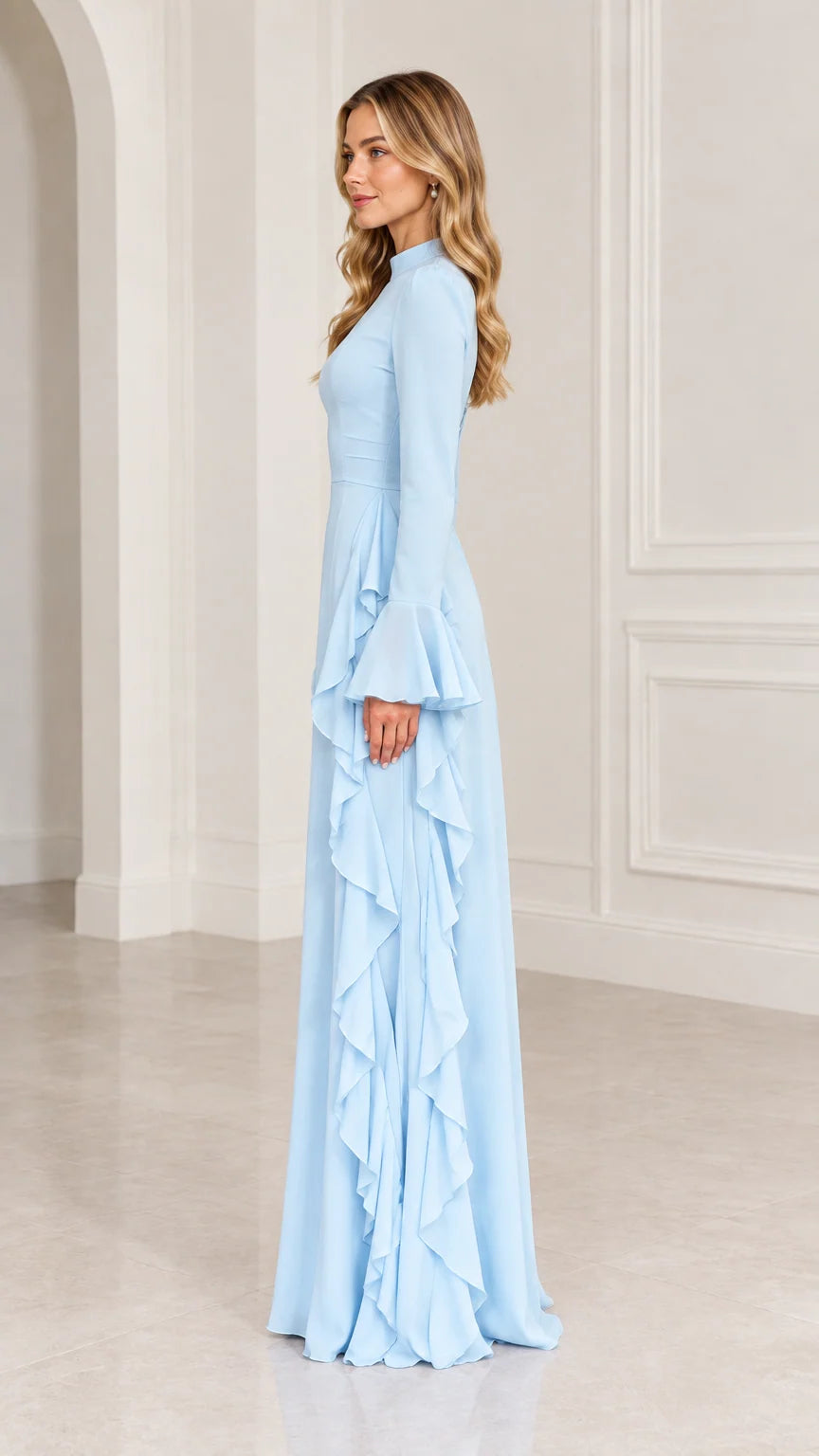 Side profile view of woman modeling Light Blue floor-length evening dress with bell cuffs