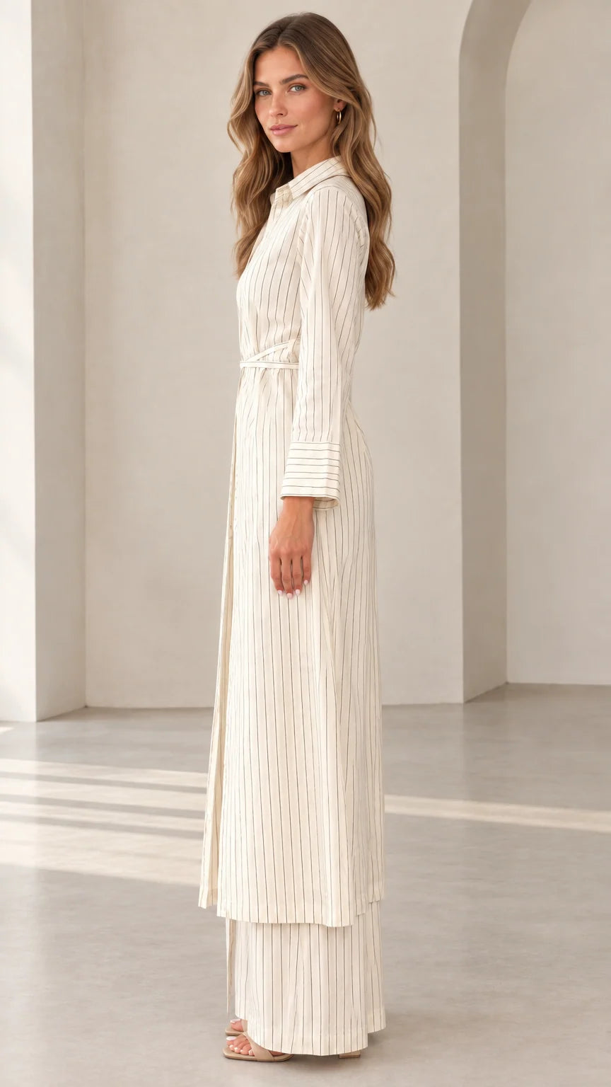 Side view of woman in Cream pinstripe longline belted shirt and matching trousers