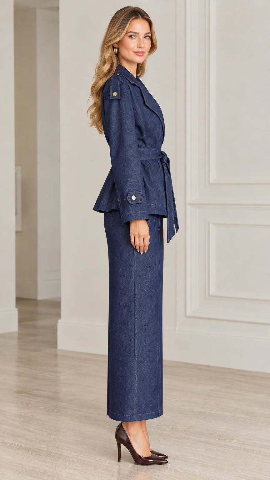Side profile view of Denim Blue two-piece peplum jacket and maxi skirt suit
