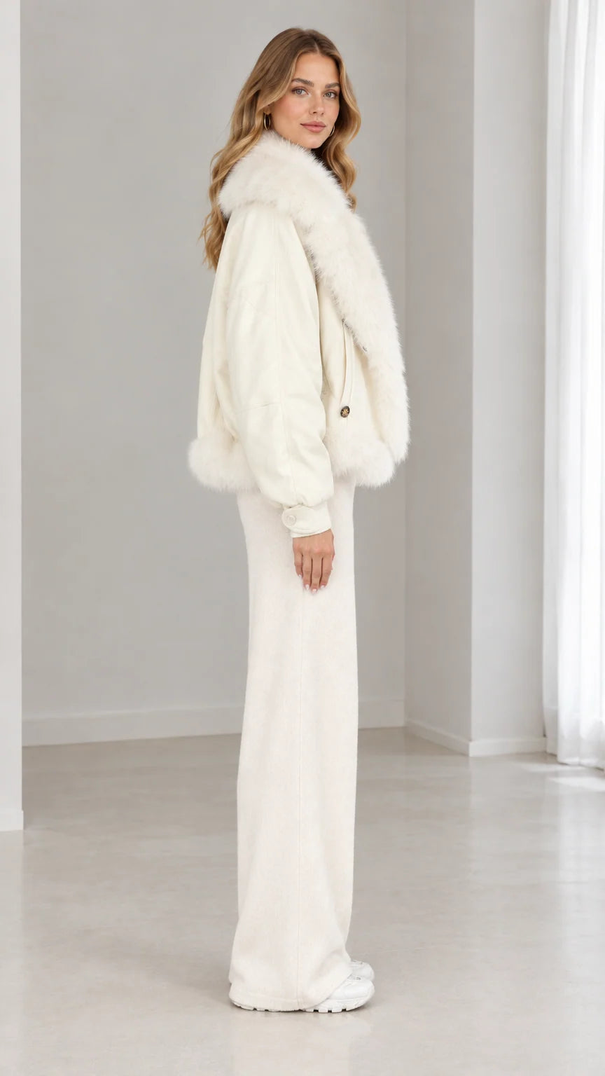 Side profile view of woman wearing cream faux-fur trim bomber jacket