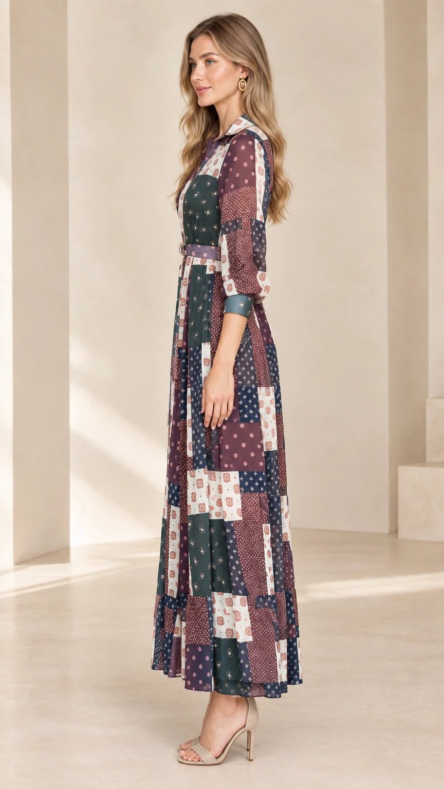 Side profile of model wearing Navy Multi long sleeve belted maxi dress
