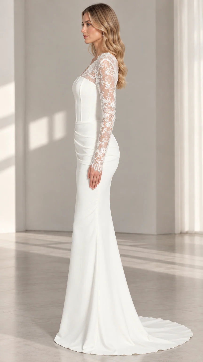Side profile of white long sleeve mermaid formal dress with train