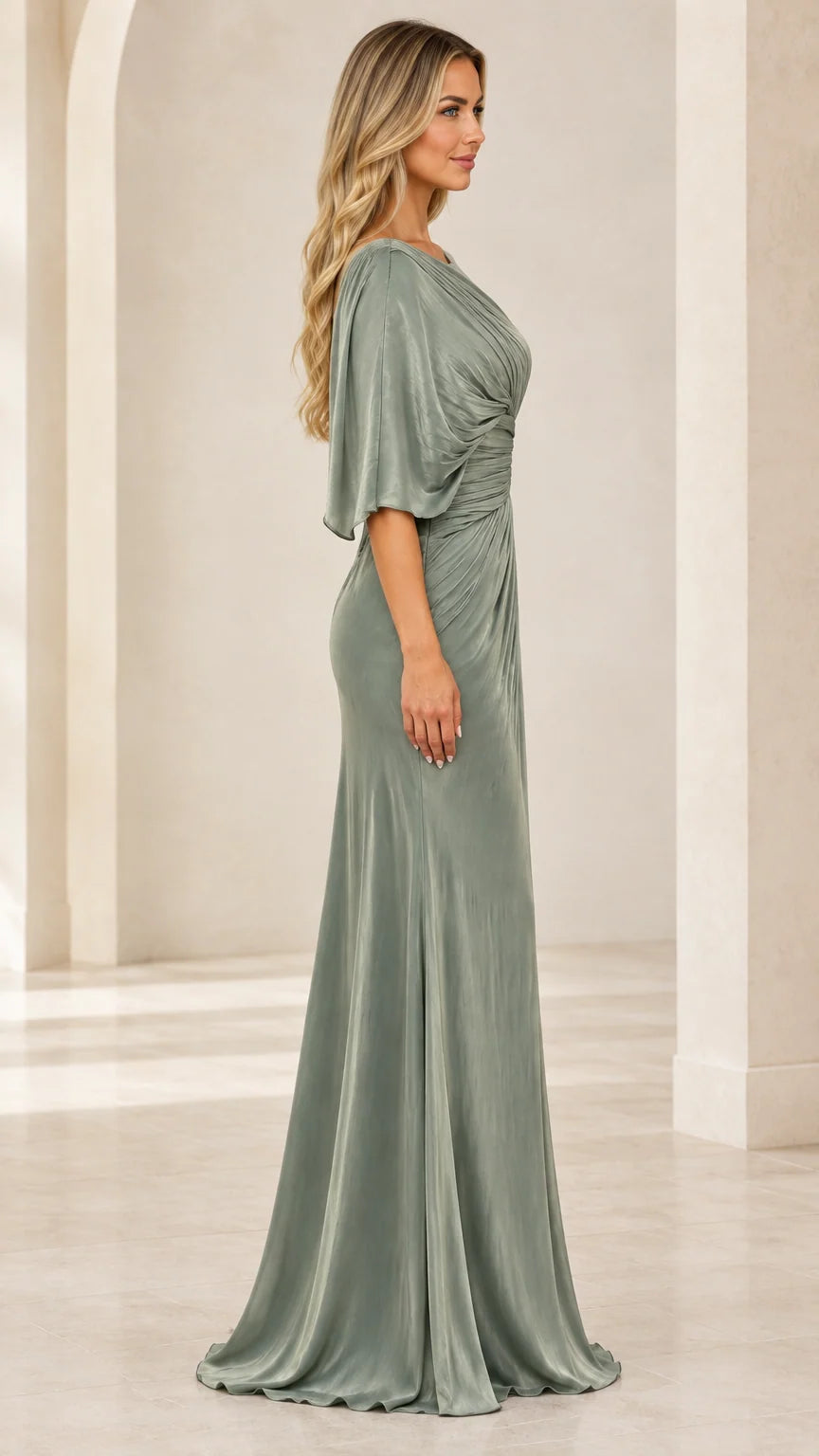 Sage Green formal maxi dress side profile view