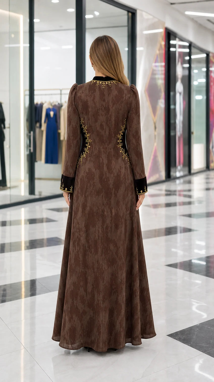Back view of brown textured maxi dress with velvet side paneling