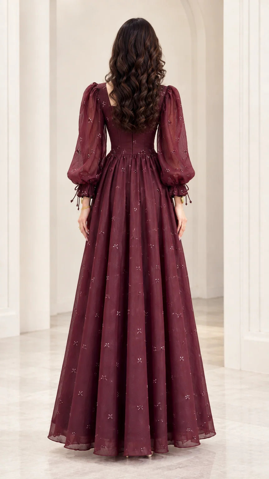 Back view of Wine Red floor-length chiffon evening gown