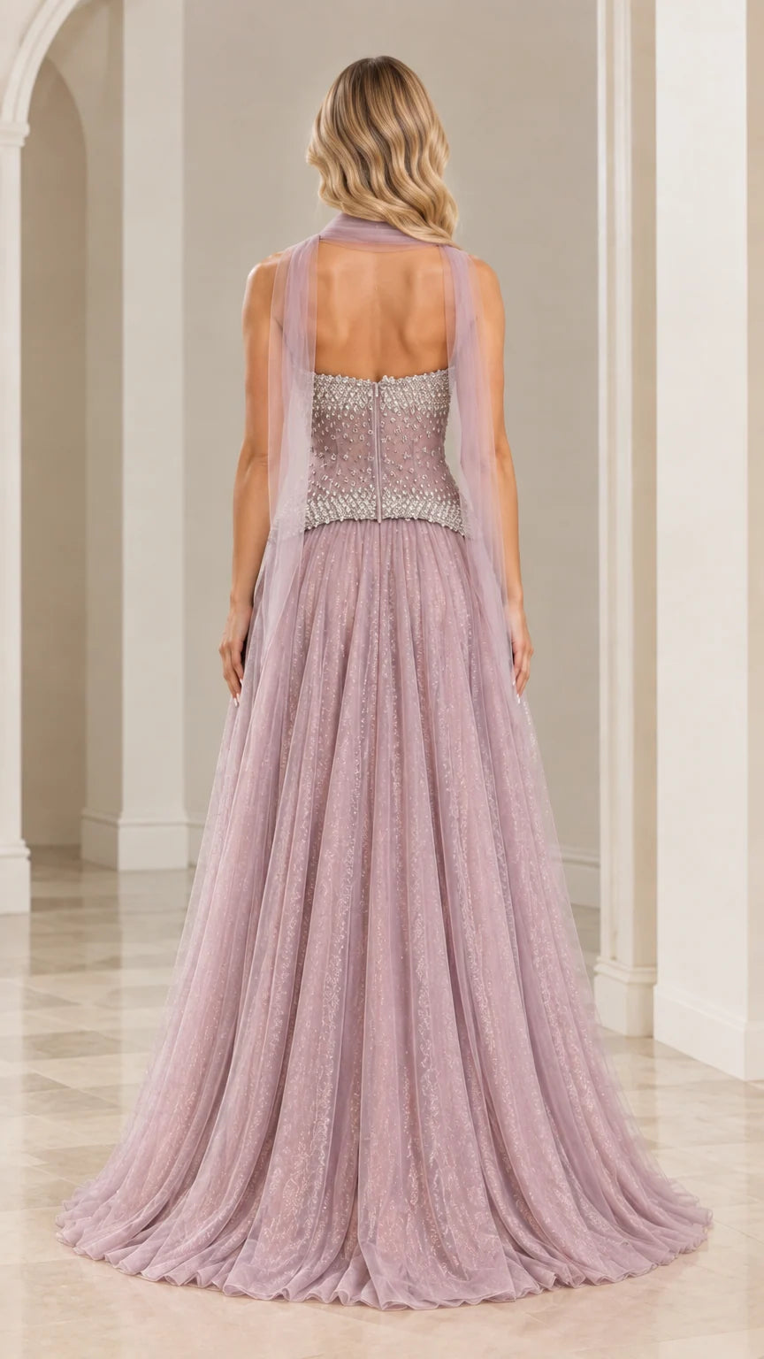 Back view of dusty mauve strapless gown showing back bodice and trailing neck scarf streamer