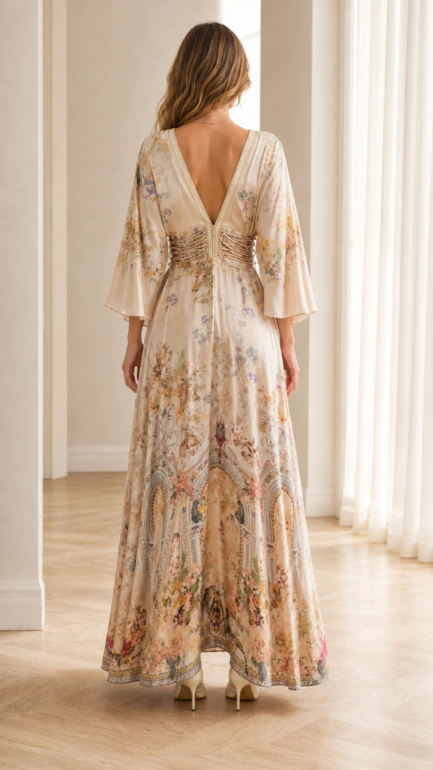 Back view of champagne floral maxi dress