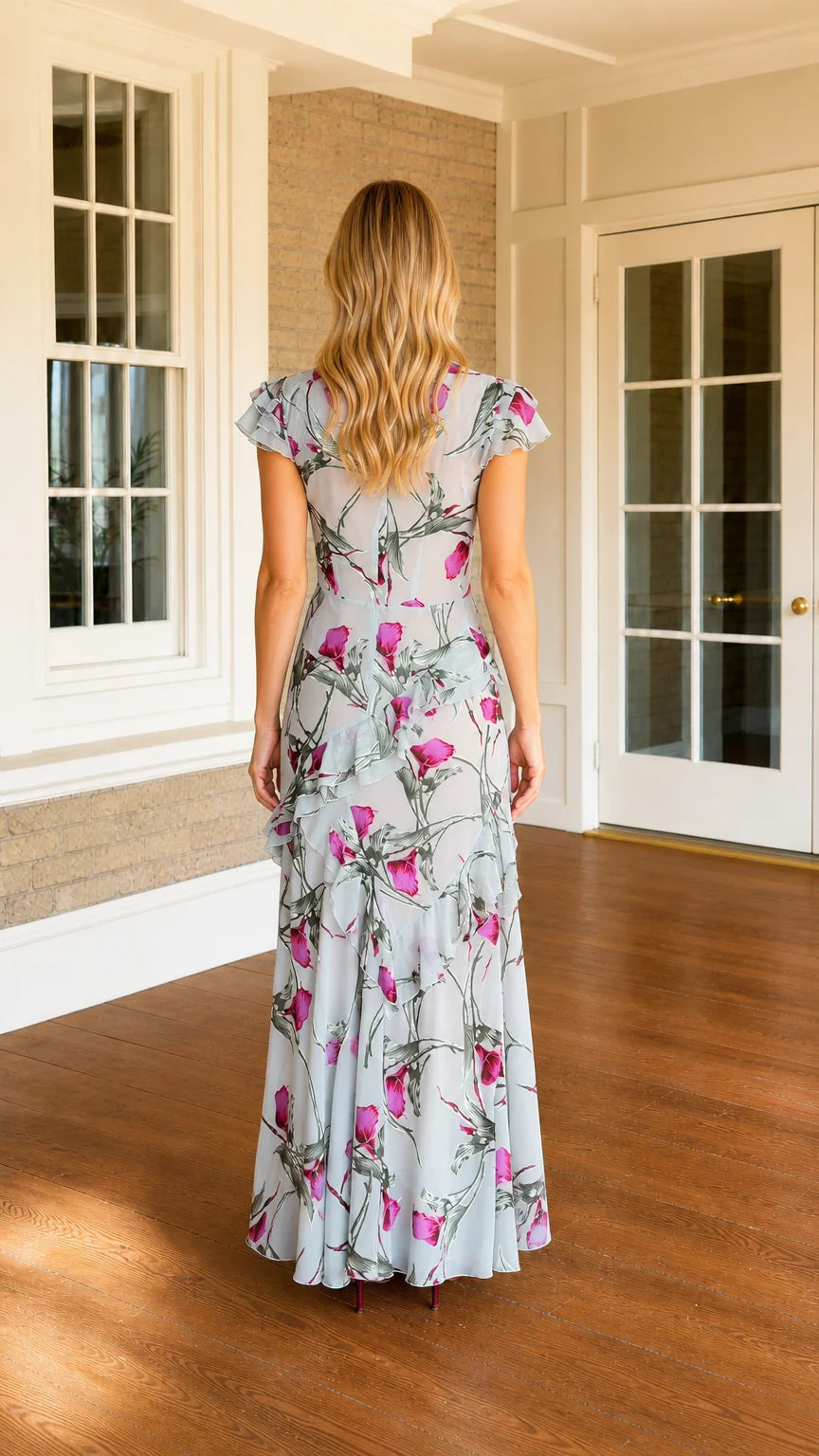 Back view of model in light blue floral maxi dress