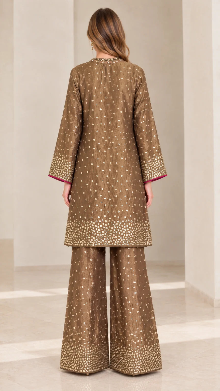 Back full-length view of Bronze long-sleeve embellished tunic and palazzo set