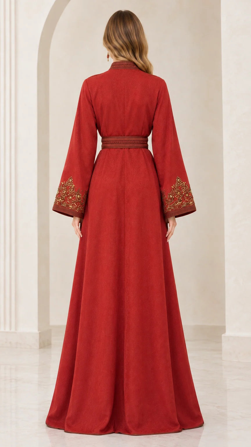 Model wearing Rust Red belted evening kaftan dress, back view