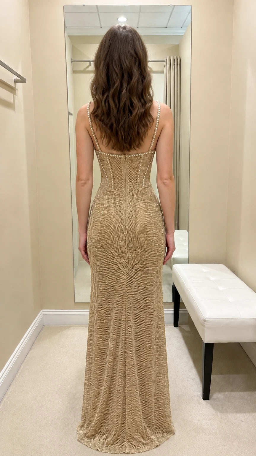Back view of gold glitter formal gown showing fitted silhouette and straps