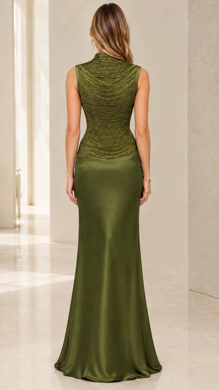 Back full length view of olive green high-neck satin formal gown