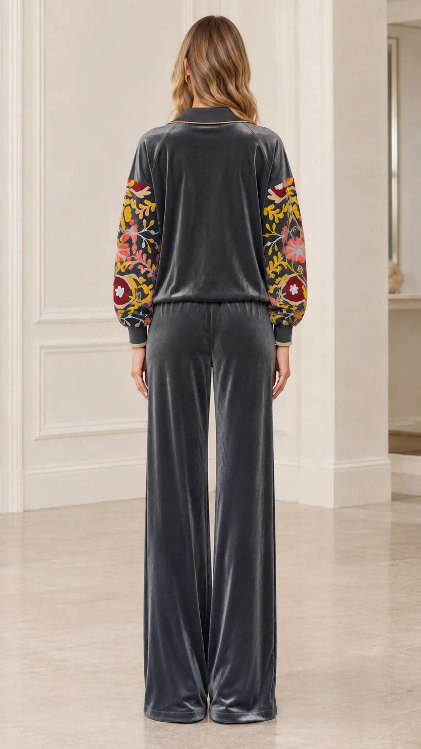 Back view of women's charcoal velvet matching tracksuit set