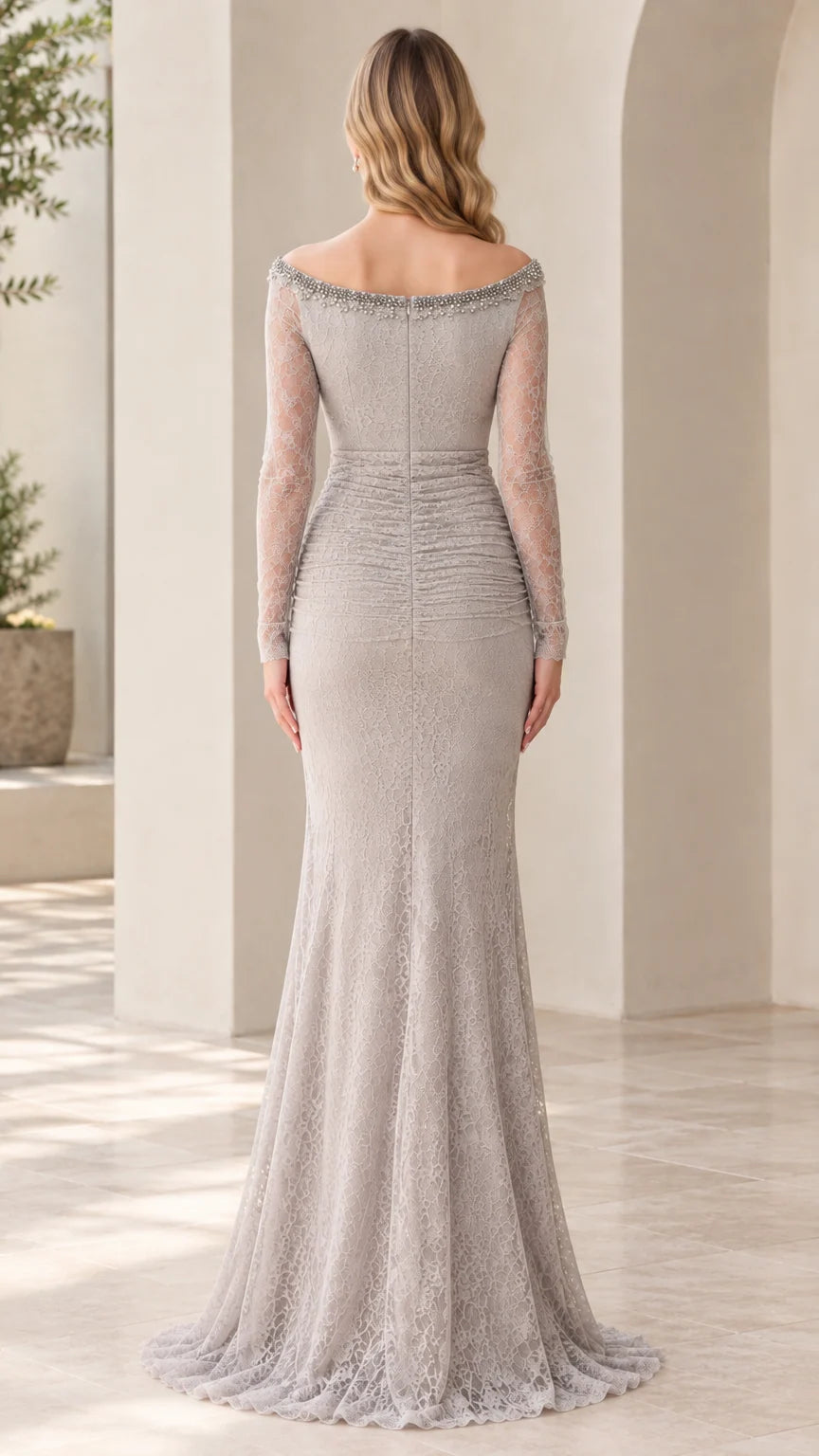 Back view of silver ruched lace mermaid gown with bead-trimmed neckline