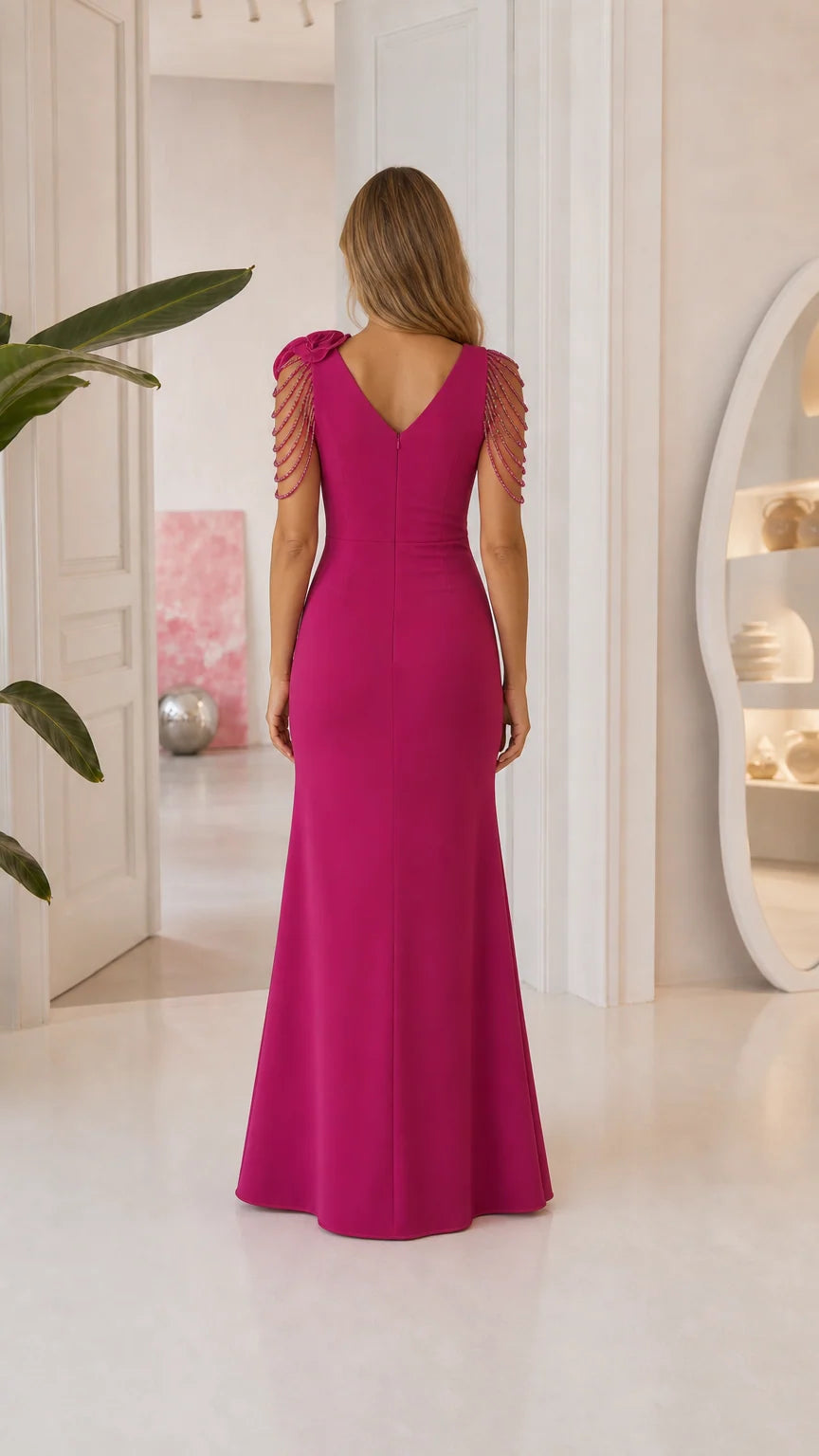 Back view of fuchsia floor-length evening dress
