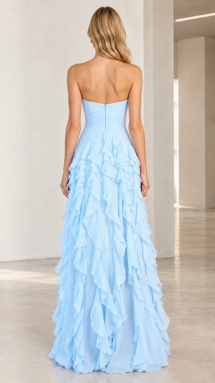Back view of sky blue strapless formal evening gown