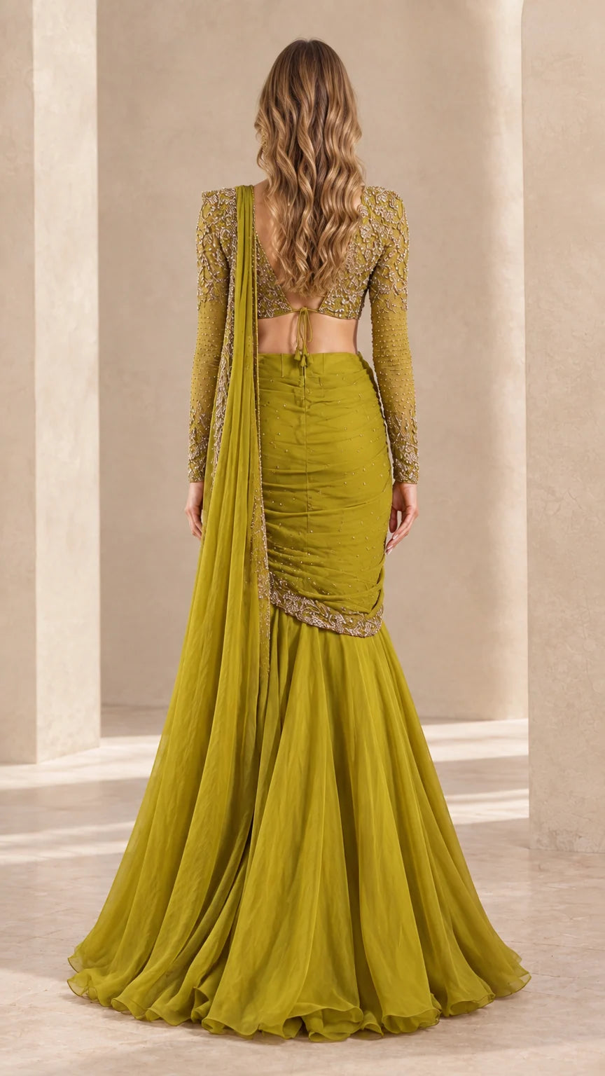 Back view of olive green pre-draped saree gown showing back tie details
