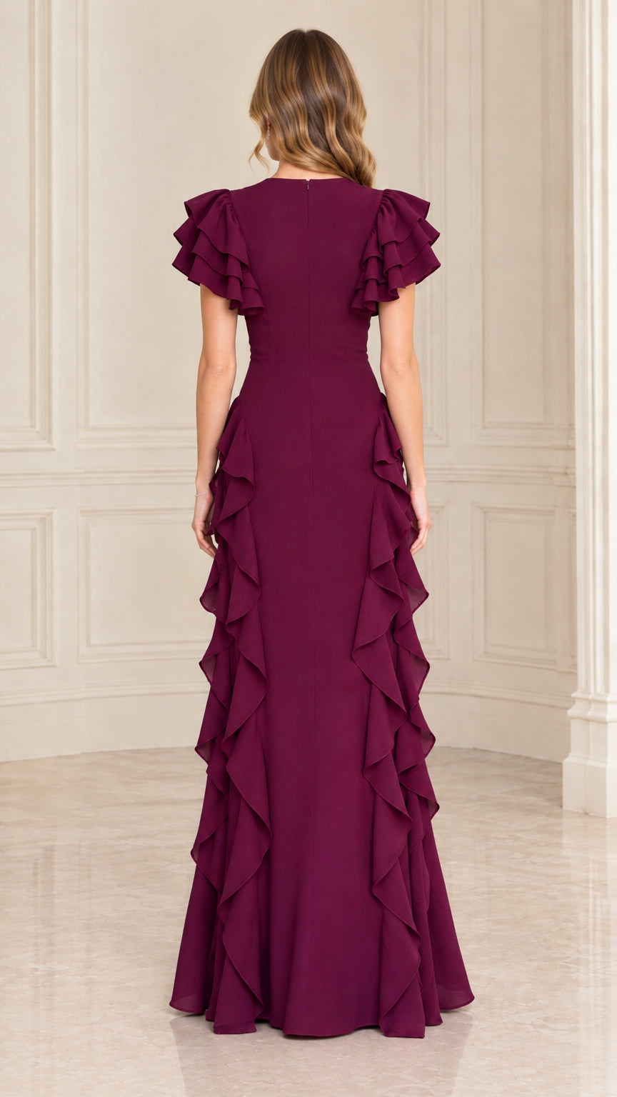 Back view of Plum floor length evening gown with side ruffles and back zip