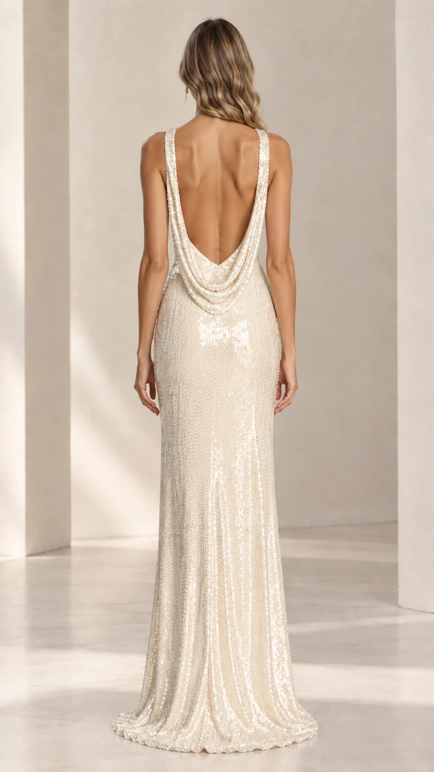 Back view of model in Champagne sequin dress showcasing open draped cowl back