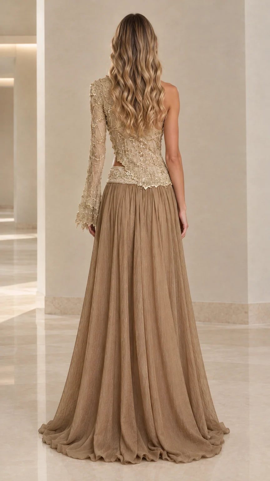 Champagne Gold one-shoulder evening dress back view