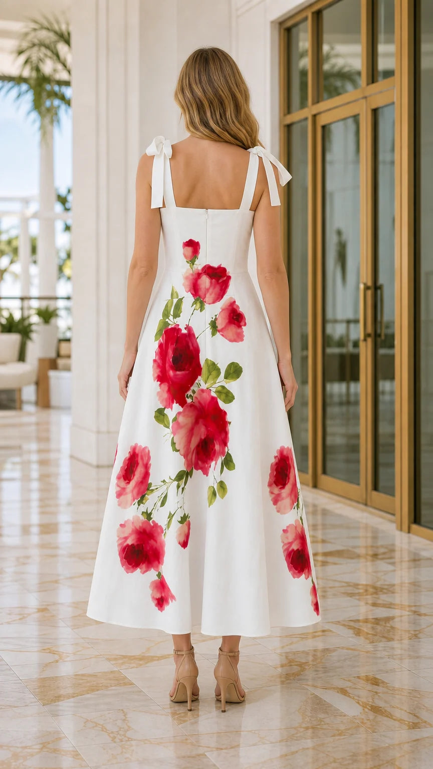 Back view of white floral maxi dress