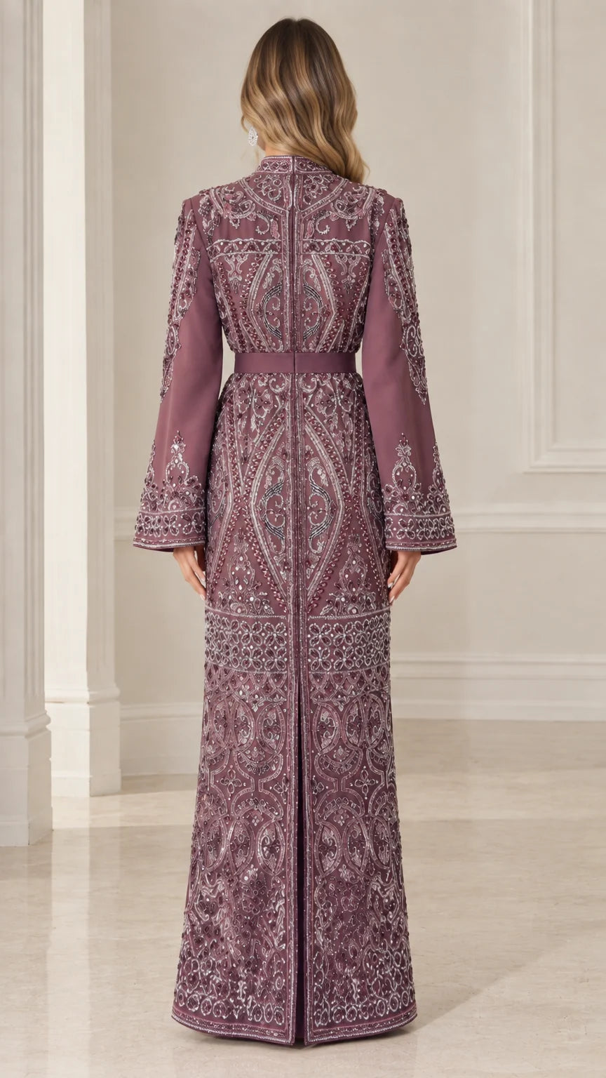 Back view of model in floor-length plum embroidered kaftan dress