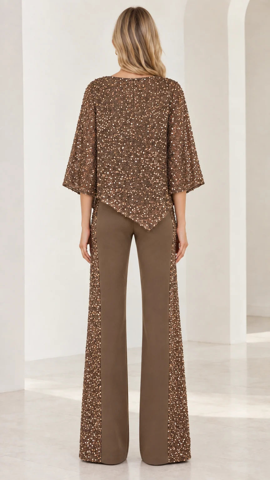 Back view of mocha brown sequined asymmetrical top and wide leg trousers