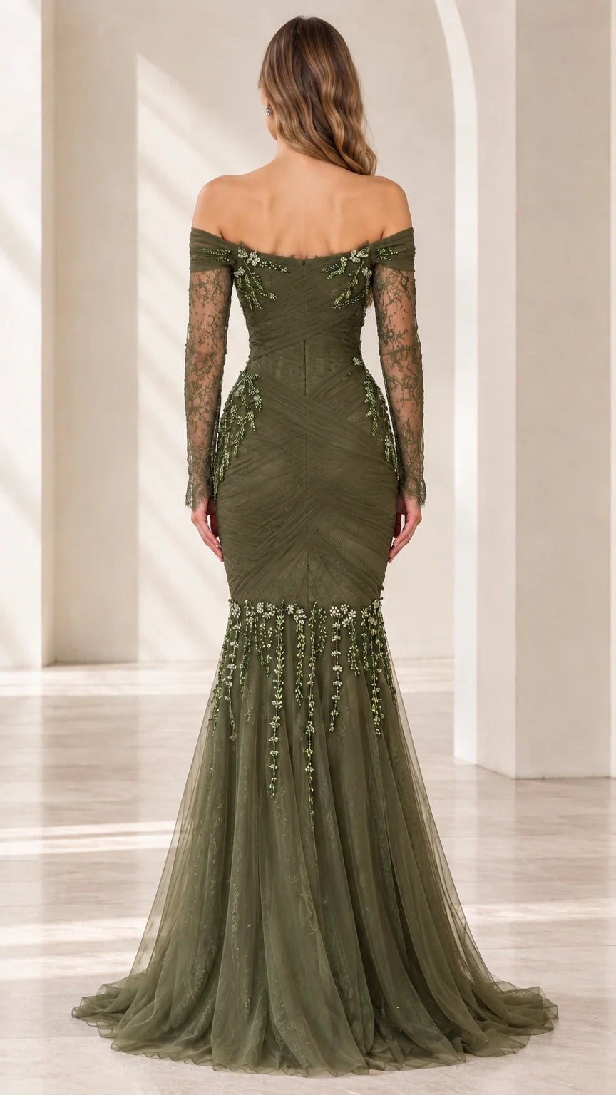 Back view of model showing fitted ruched back of olive green formal gown
