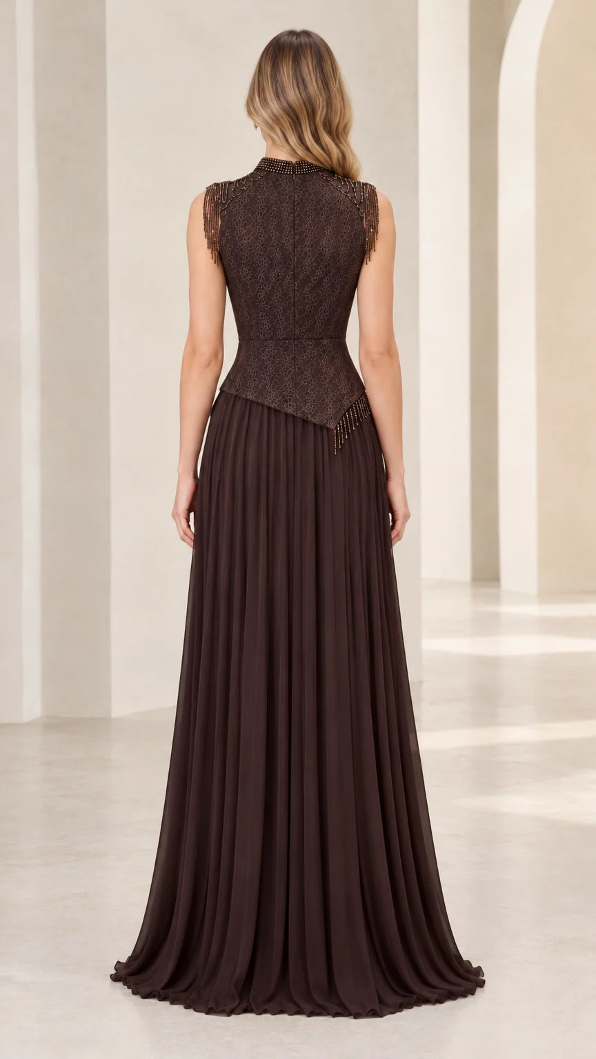 Back view of chocolate brown sleeveless evening gown with high neckline