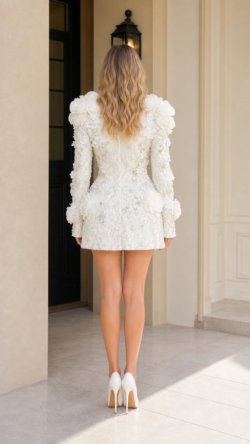 Back view of woman in white floral blazer dress