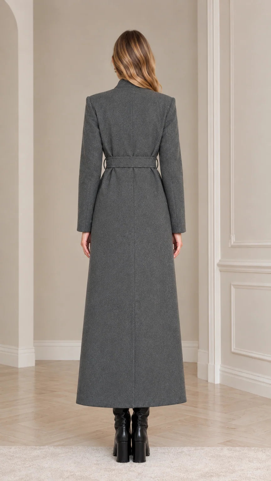 Back view of the Charcoal Grey floor-length overcoat showing back vent and belted waist