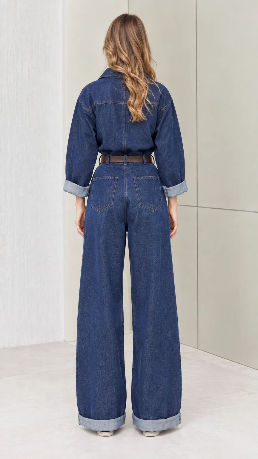 Back full-length view of blue wide-leg denim jumpsuit showing back pocket detail