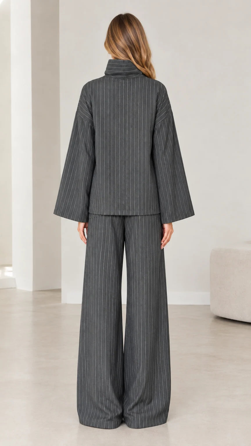 Back view of Charcoal Grey pinstripe two-piece outfit