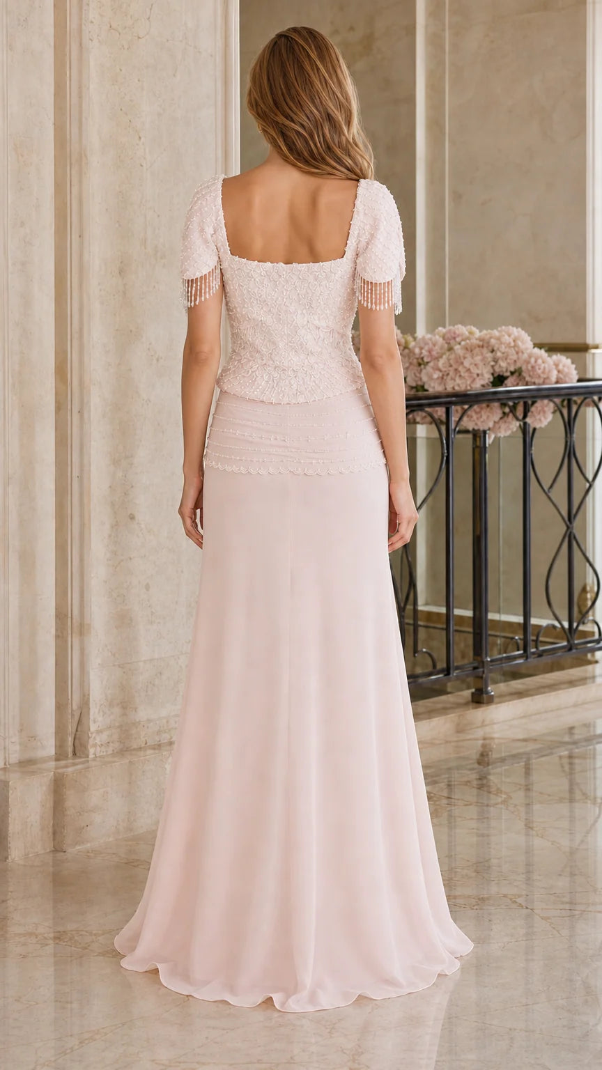 Back view of blush pink beaded lace evening dress with square backline