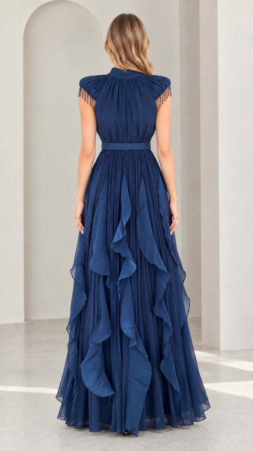 Navy Blue floor-length pleated evening dress - back view