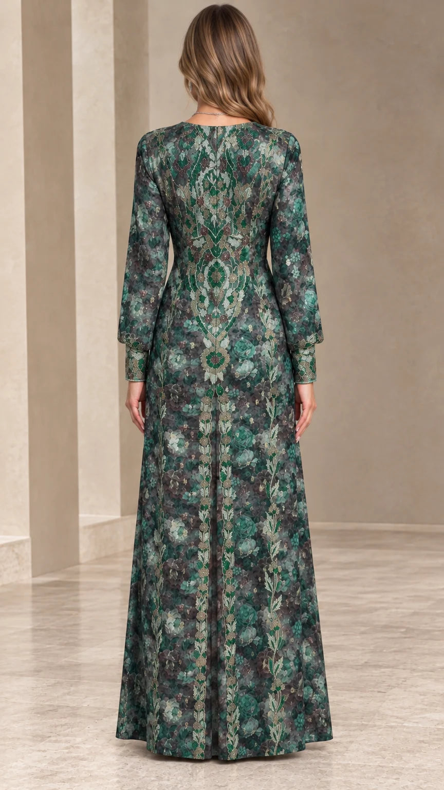 Back view of emerald green floral long sleeve maxi dress