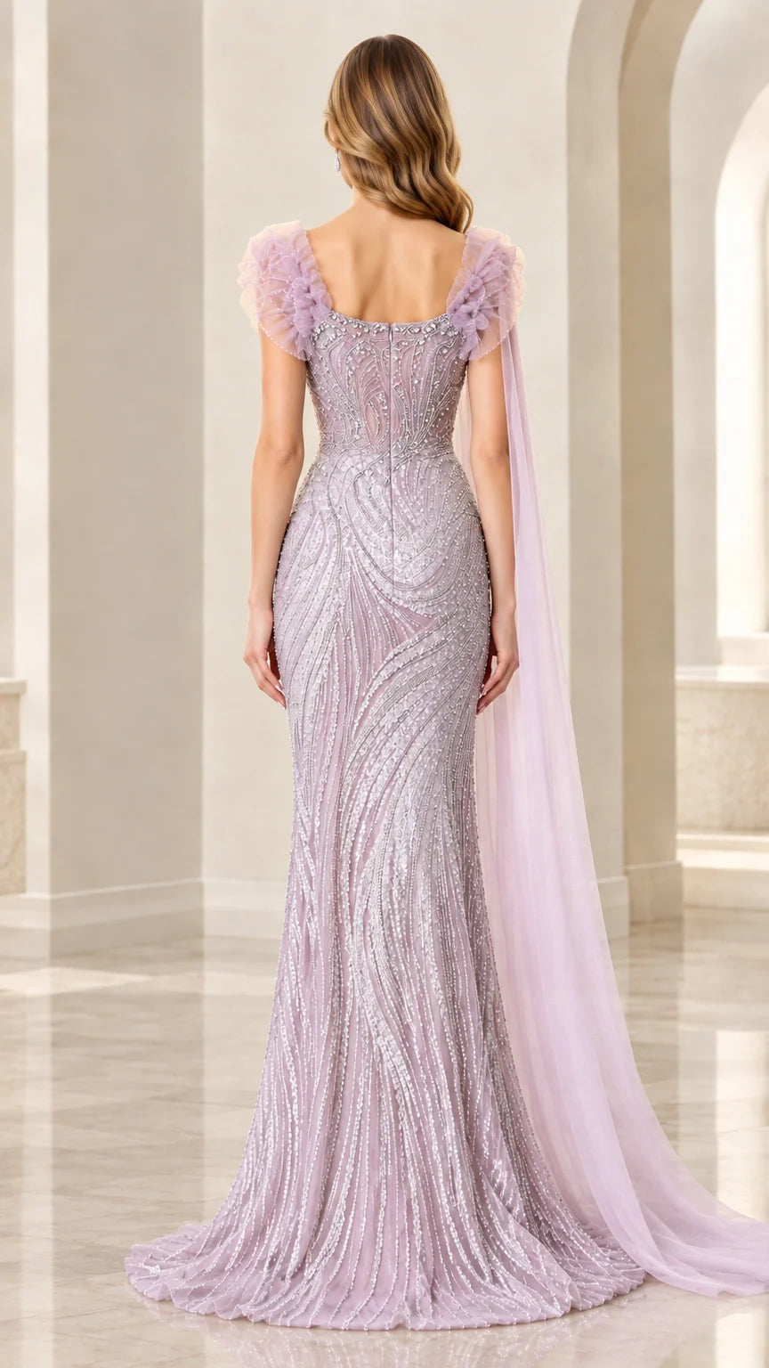 Back view of lavender gown highlighting trailing sheer cape drapes