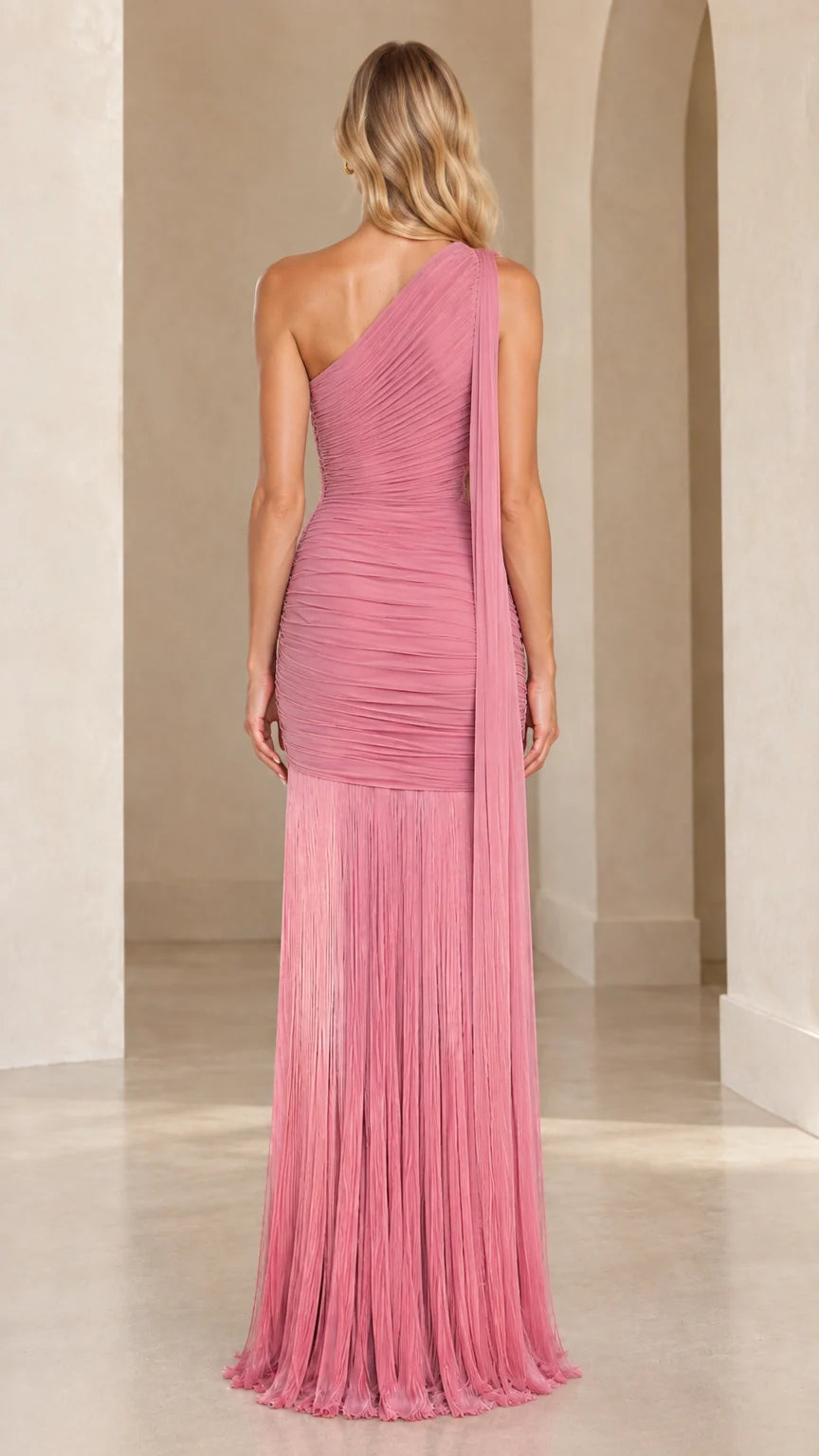 Back view of Dusty Rose one-shoulder maxi dress showing trailing shoulder sash