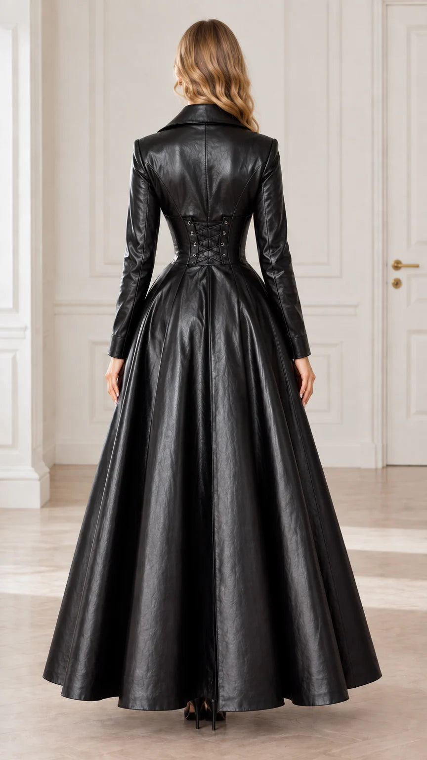 Back full-length view of black faux leather maxi dress showing corset lace-up detail
