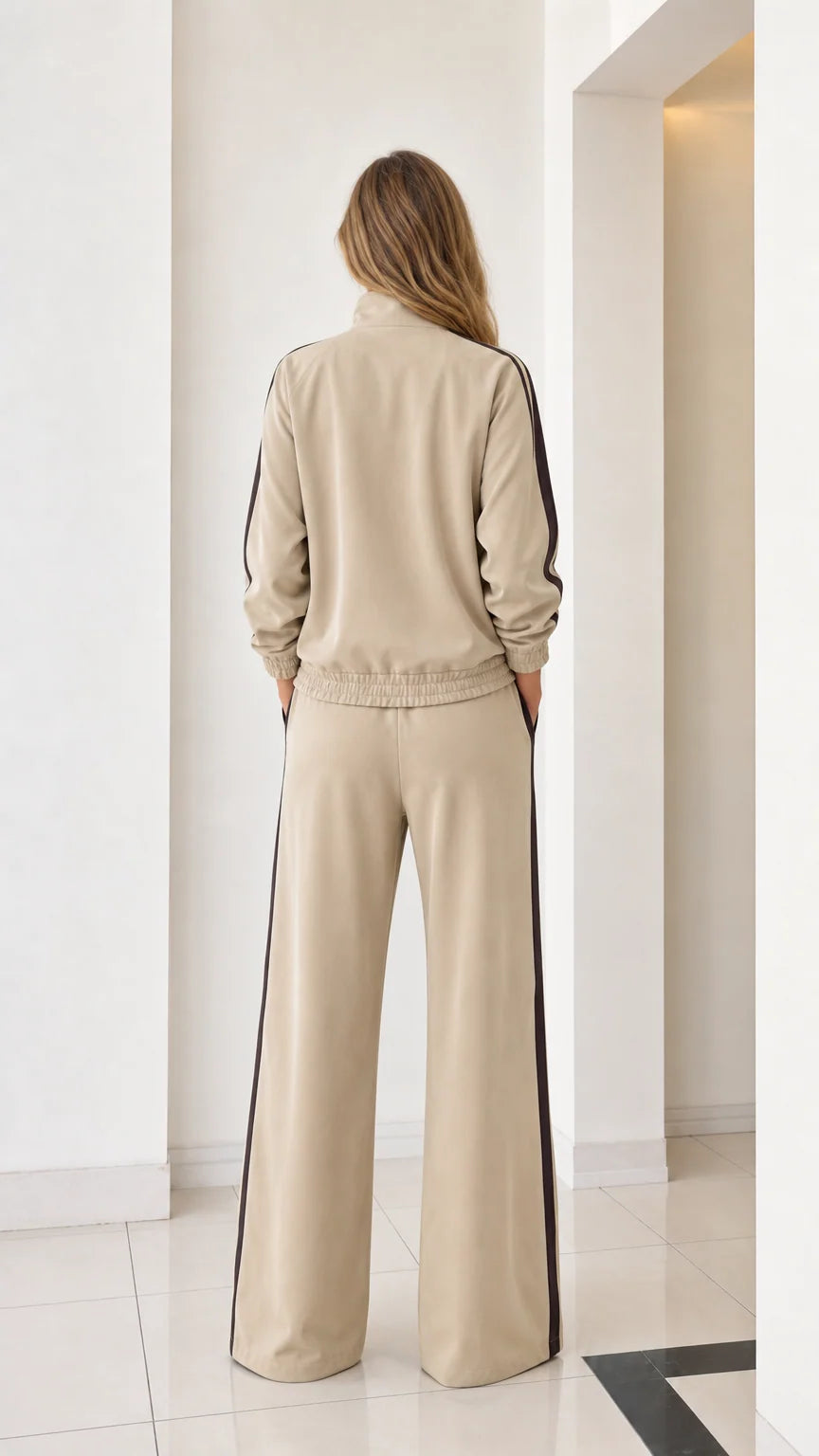 Back view of women's beige wide-leg tracksuit set