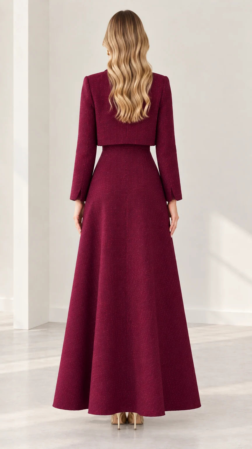 Burgundy tweed maxi dress set back view showing clean fit